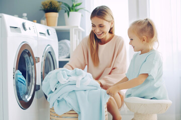 Domestic helpers: mother and cute daughter doing laundry - obrazy, fototapety, plakaty
