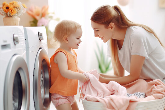 Mother and baby together in the laundry room. Teaching your child to help parents