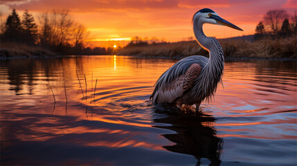 Fototapeta premium Flamingo at sunset. Generative AI.