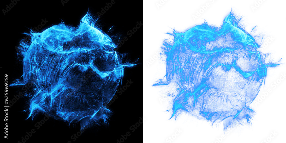 Poster vibrant blue energy orb with dynamic particle splash effect. isolated on back and transparent png fo