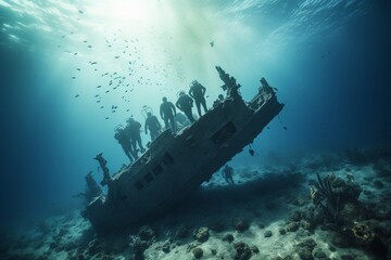 Photograph of people diving underwater historic wrecks, Generative AI