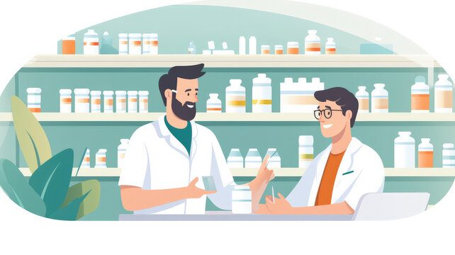 Cartoon Apotheker in einer Apotheke verkauft Medikamente, Generiert mit KI