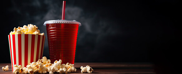 red soft drink and popcorn.