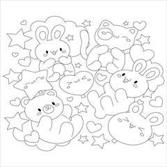 Teddy bear black and white outline illustration. Coloring book or page for kids. Teddy bear with balloons, gift and sweets. Cookies, macaroon, candy, pretzel.Coloring book anti stress for children
