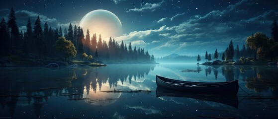 3D illustration Tranquil lake view under the full moon's illumination. Crystal clear water mirroring the ethereal lunar glow and surrounding pine trees ai generate - obrazy, fototapety, plakaty