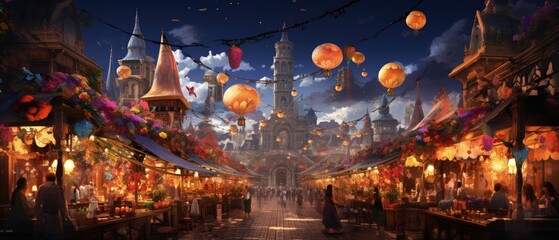 3D illustration A bustling oriental market under colourful hanging lanterns, showcasing vibrant stalls and busy vendors ai generate