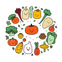 Many various fun smiling vegetables arranged in a circle. Different cute, happy vegetarian food ingredients. Healthy plant-based diet concept