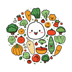 Many various fun smiling vegetables arranged in a circle. Different cute, happy vegetarian food ingredients. Healthy plant-based diet concept