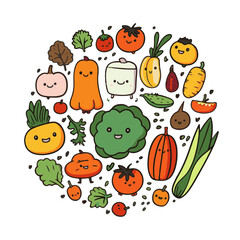 Many various fun smiling vegetables arranged in a circle. Different cute, happy vegetarian food ingredients. Healthy plant-based diet concept