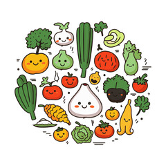 Many various fun smiling vegetables arranged in a circle. Different cute, happy vegetarian food ingredients. Healthy plant-based diet concept