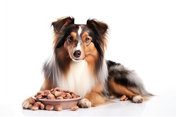A dog lying next to the bowl with dog dry food on white background, kibble formula, looking to the camera and begging for food. Pet food advertising. Image created using artificial intelligence