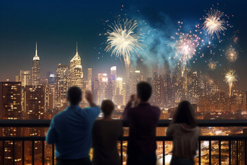 Fototapeta na wymiar Family Watches Fireworks Display from Balcony in Metropolitan City AI generated