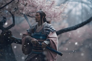 Fototapeta na wymiar Japanese samurai with katana sword and cherry blossom. Generative AI.