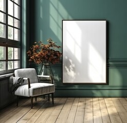 Mockup of Poster Frame in Dark Green Living Room Interior, 3D Render. Made with Generative AI technology
