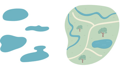 Cute hand drawn colored landscape with a lake, blue river and green trees and light yellow road of sand.