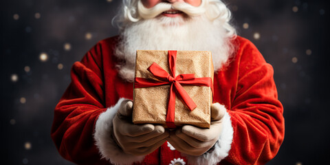 Santa Claus holds a gift in his hands. Close-up Santa's hands holding a gift. 