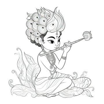seated krishna playing flute monochrome art clip art preview