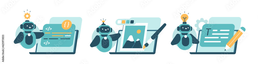 Poster artificial intelligence illustrations set. collections of scenes with ai chat bot using for copywrit