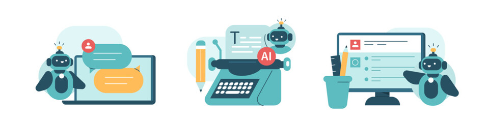 Artificial intelligence illustrations set. Collections of scenes with AI chat bot using for copywriting and text creation. Neural network technology concept. Vector illustration. - 625973803