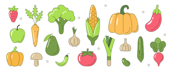 Vegetables illustration. Collections of avocado, broccoli, lettuce and other fresh organic vegetables. Balanced vegetarian and vegan diet concept. Vector illustrations set.