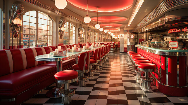 The vintage retro diner charms with its nostalgic ambiance, featuring checkered floors and classic red leather booths.