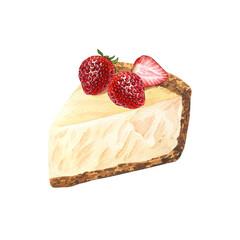 Watercolor dessert, piece of cheesecake with fresh strawberries. Hand-drawn illustration isolated on white background. Perfect food menu, food drawing, design packing, print