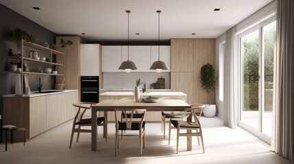 Fototapeta na wymiar home and interior design creative ideas showcase modern pantry area and cabinet island and stool house beautiful design background daylight wooden colour scheme,ai generate
