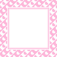 Vector frame with copy space. Pink and white hearts on diagonal striped background. White paper sheet in square frame.