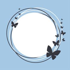 White frame, black butterflies on blue background. Round vector banner with copy space. 