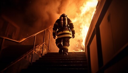 Strong and brave firefighter going up the stairs in a burning building - obrazy, fototapety, plakaty