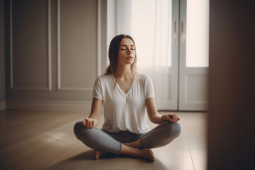 Healthy serene young beautiful woman meditating at home with eyes closed, relaxing body and mind sitting on floor in living room. Mental health and meditation for no stress, generative AI