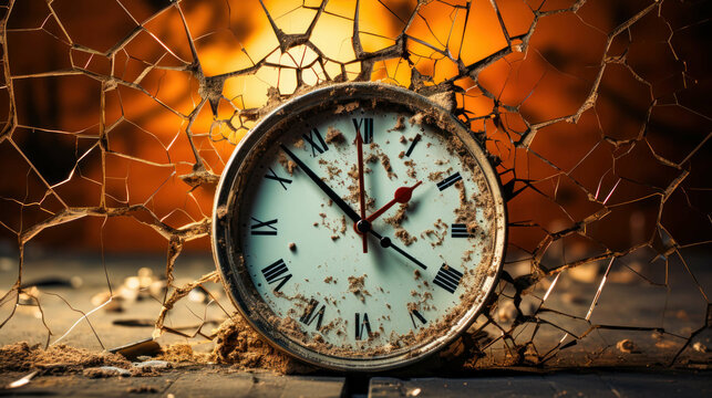 an intense portrayal of relentless passage of time - a damaged wall clock surrounded by cracks, encapsulating the inexorable march of time, optimized for 16:9 high-resolution display. Ai Generated