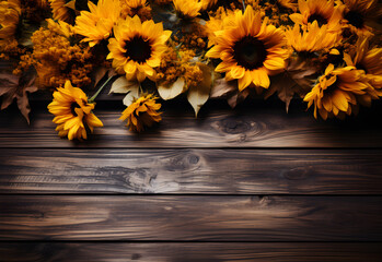 Autumn bouquet of sunflowers on a wooden background
