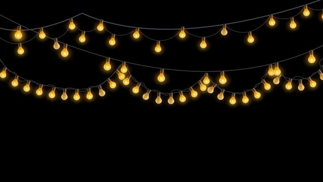4K 3D light bulb string with flashing Light Frame Garland Bulb lights. party, Christmas or new year background. holidays and celebration concept - evening christmas. Xmas, wedding or Birthday