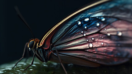 Image of a butterfly in vibrant colors on its wings in macro shot. Closeup of a large butterfly in shallow depth of field in great detail. A butterfly with water drops on its wings. Generative AI