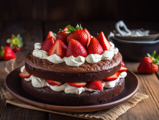 Tasty homemade chocolate cake with strawberries. Generative AI