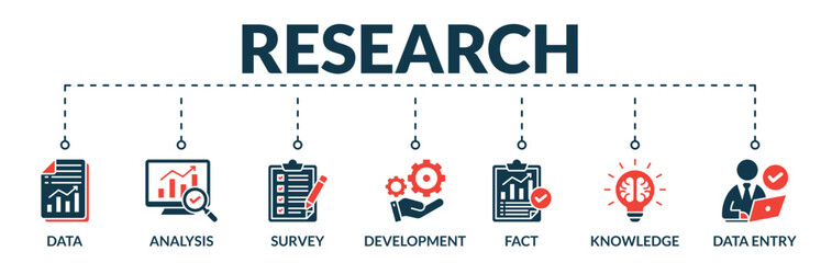 Banner of research web vector illustration concept with icons of data, analysis, survey, development, fact, knowledge, data entry