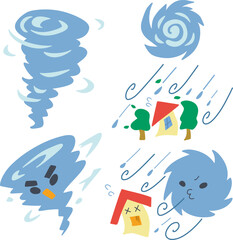 台風をイメージしたシンプルなデフォルメカラーイラストセット