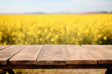 Naklejka premium Rustic Empty Tabletop Against Defocused Field Of Canola. Generative AI