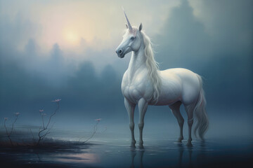Obraz na płótnie Canvas Unicorn Walks In The Blue Hour, Ultra Realistic. Generative AI