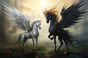 White Unicorn With Wings Opposite Black Unicorn With Wings In Field. Generative AI