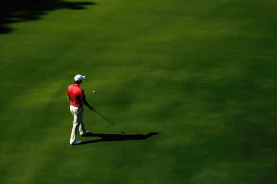 Golfer In Motion On Green Course, Rear View. Generative AI