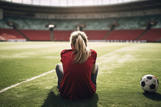 Girl Footballer With His Head Down Sits On A Football Field With Green Grass Next To The Ball, Unsuccessful Play. Generative AI