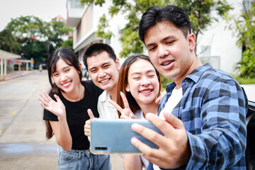 Asian student group Take selfies together, smile, have fun. Education concept. university student community