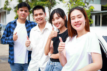 Group of happy smiling Asian teenagers having fun Travel by car. Travel concept. Transportation. Car insurance.