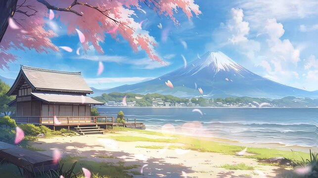 footage anime background tropical island in the sea with sakura tree flower, background animation sakura