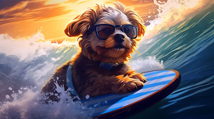 cute dog surfing on ocean. Generative AI.