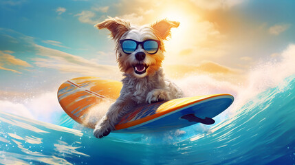 cute dog surfing on ocean. Generative AI.