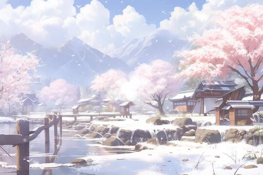 footage anime background winter country with mountain and sakura flower, background animation lake japanese style