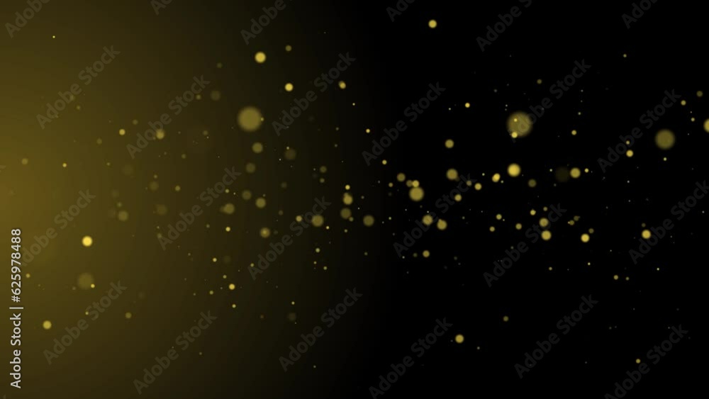 Poster shining golden particles bokeh abstract star with floating dust particles flare on black background.